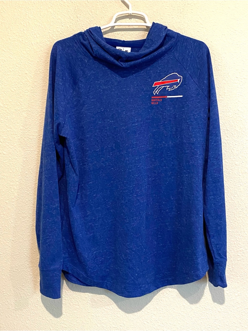 NWOT NFL Women's Blue Long Sleeve Cowl Neck Hooded Tee with Buffalo Bills Logo